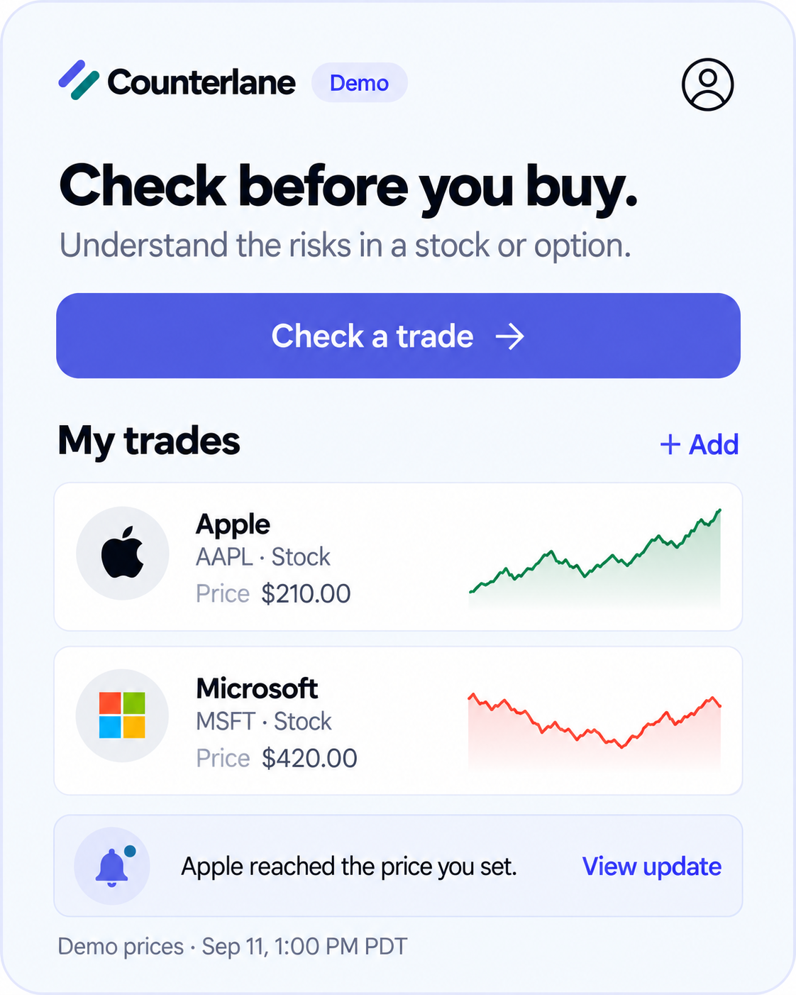 Counterlane demo: Check a trade, saved Apple and Microsoft trades, and a price update. All prices and charts are fictional demo data.